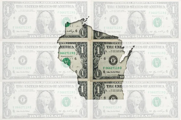 Umrisskarte von Wisconsin mit transparentem amerikanischen Dollarschein — Stockfoto