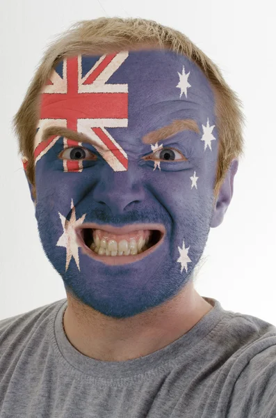 Twarz szalony człowiek zły pomalowane w kolorach flagi australia — Zdjęcie stockowe