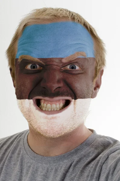 Face of crazy angry man painted in colors of estonia flag — Stock Photo, Image