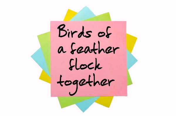 Spreekwoord "birds of a feather flock samen" geschreven op bos van — Stockfoto