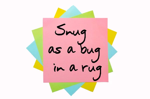 Proverbio "Snug as a bug in a rug" escrito en montón de pegajoso no —  Fotos de Stock