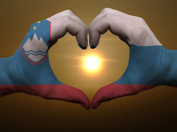 Coração e gesto de amor por mãos coloridas em bandeira slovenia durante — Fotografia de Stock