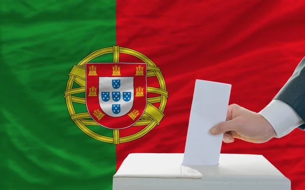 Мужчина голосует на выборах в Португалии перед флагом — стоковое фото