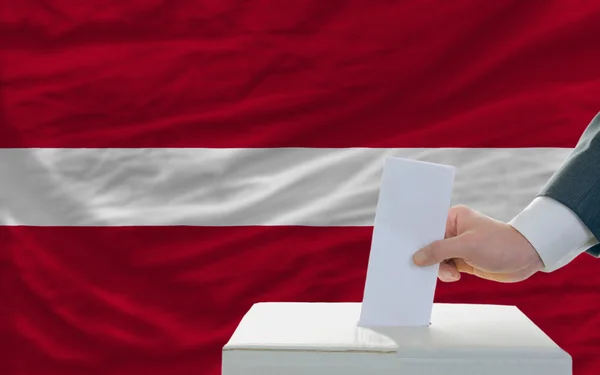 Мужчина голосует на выборах в Латвии перед флагом — стоковое фото