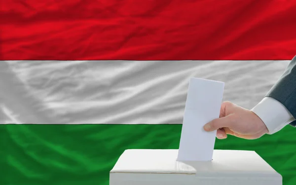 Homem votando nas eleições em húngaro na frente da bandeira — Fotografia de Stock
