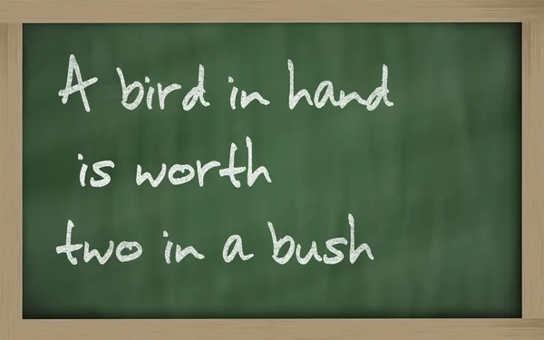 " A bird in hand is worth two in a bush " written on a blackboar — Stock Photo, Image