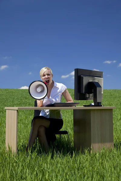 Έννοια γυναίκα των επιχειρήσεων χρησιμοποιώντας το μεγάφωνο σε ένα πράσινο πεδίο — Φωτογραφία Αρχείου