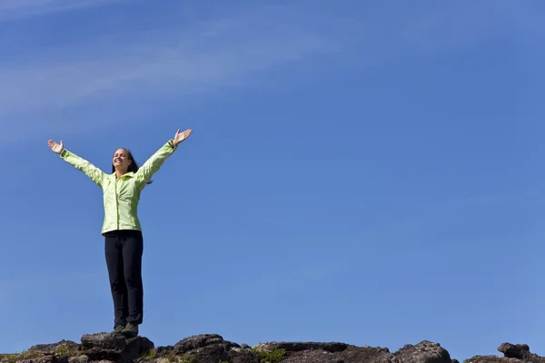 Mujer celebrando el logro en la cima de una montaña —  Fotos de Stock