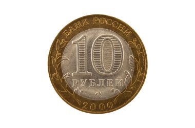Rusça sikke 2000 yayın banknottan on ruble üzerinde beyaz backgro