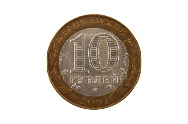 Rusça sikke 2001 Yayın banknottan on ruble üzerinde beyaz backgro