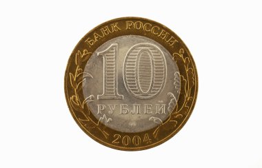 Rusça sikke 2004 serbest banknottan on ruble üzerinde beyaz backgro