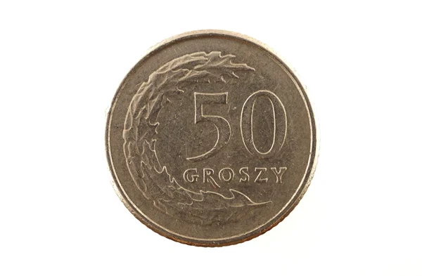 Польская монета в 50 пенсов на белом фоне — стоковое фото