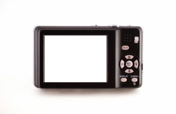 Câmera compacta digital preta em um fundo branco, visão traseira e vie frontal — Fotografia de Stock