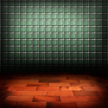 Glass block wall and red brick floor background