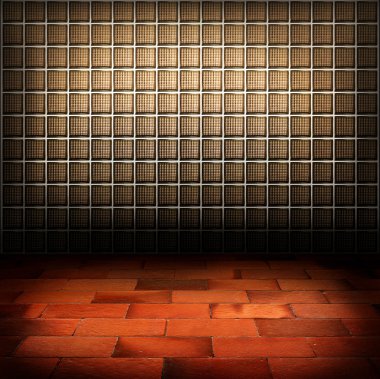 Glass block wall and red brick floor background