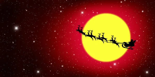 Άγιος Βασίλης στο έλκηθρο με ελάφια και κίτρινο φεγγάρι — Φωτογραφία Αρχείου