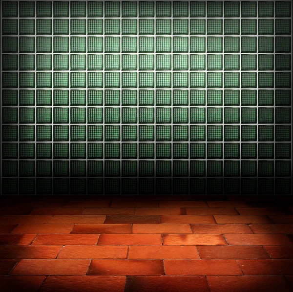 Mattone di vetro muro e mattone rosso pavimento sfondo — Foto Stock