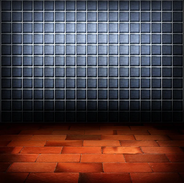 Glass block wall and red brick floor background — Stok fotoğraf