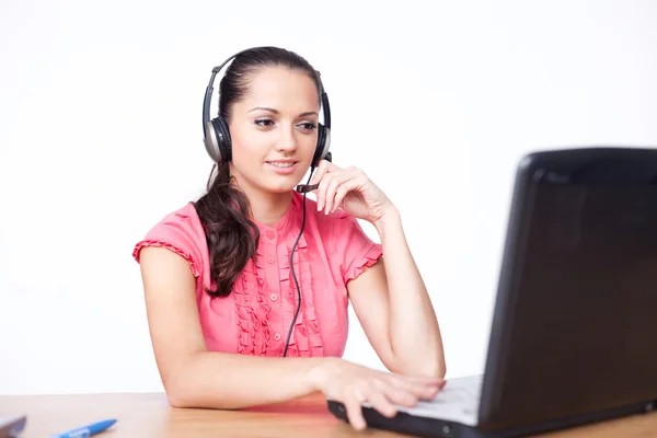 Call center female operator. young happy smiling woman sitting a — Stock Photo, Image
