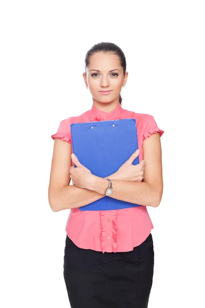 Beautiful young business woman holding clipboard isolated on whi — Stock Photo, Image