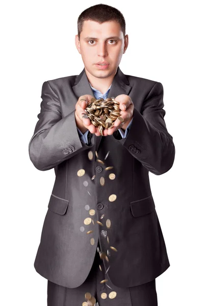 Young businessman with heap of coins isolated on white backgroun — Stock Photo, Image