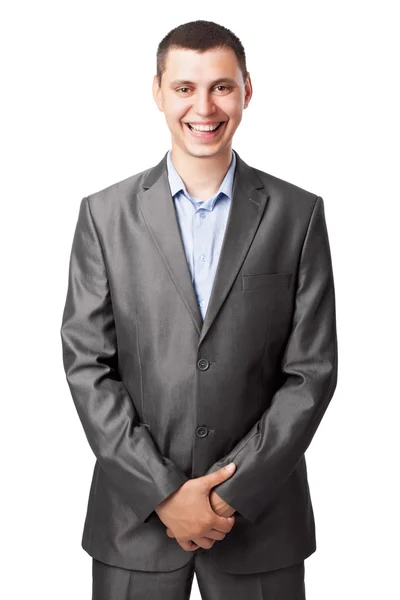 Jonge lachende zakenman geïsoleerd op witte achtergrond — Stockfoto