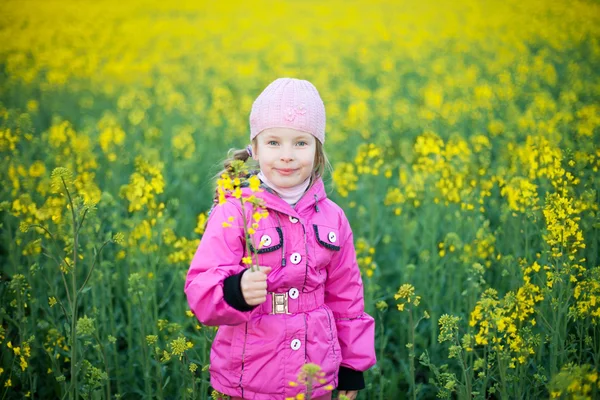 Little girl in field of yellow flowers — Stock Photo, Image