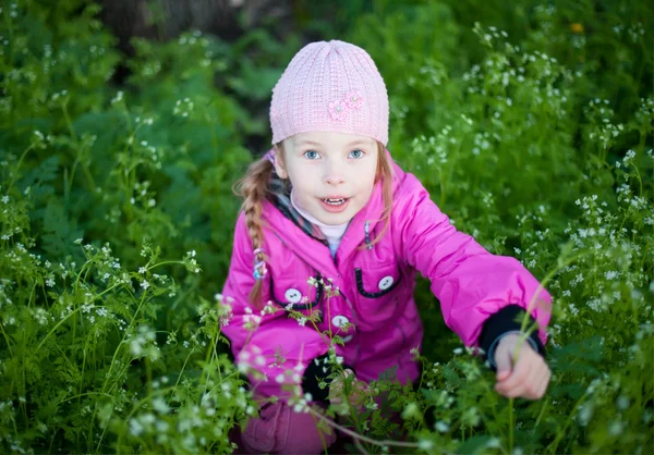 Kleines Mädchen mit Mütze sammelt Blumen — Stockfoto