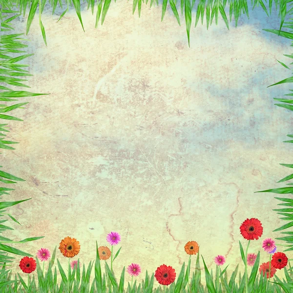 Flowers and sky on paper texture background