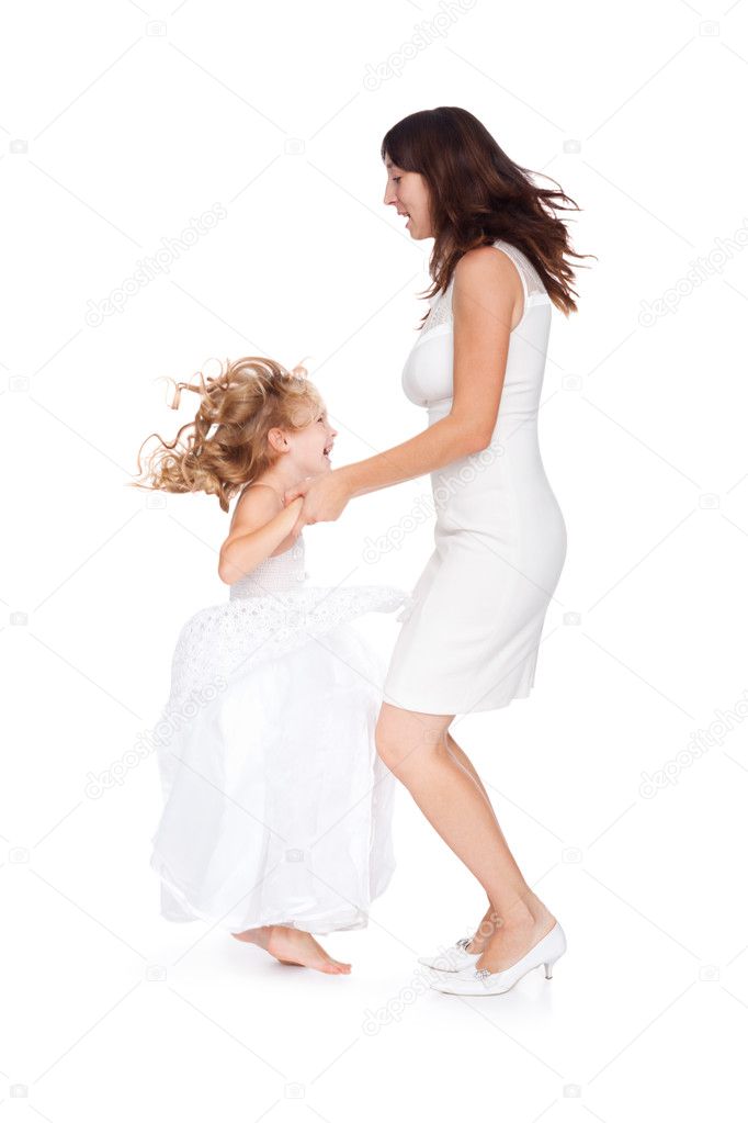 Mother and daughter having fun isolated on white background