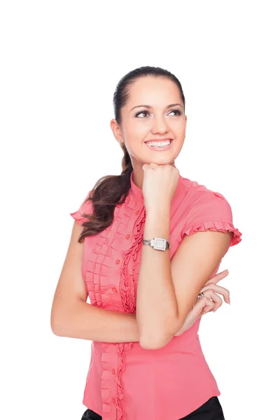 Mooie jonge Glimlachende zakenvrouw permanent met handen gevouwen — Stockfoto