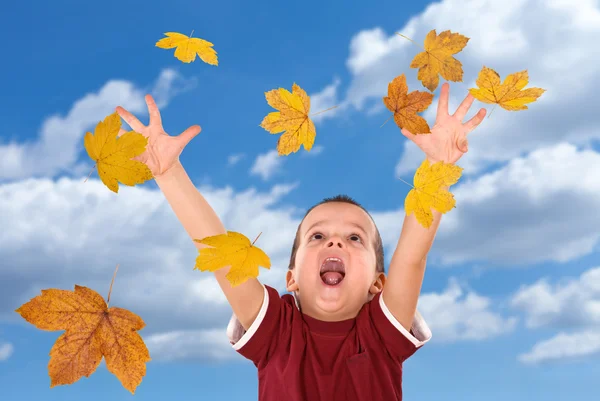 Mutlu çocuk ulaşmak için düşen sonbahar yaprakları — Stok fotoğraf