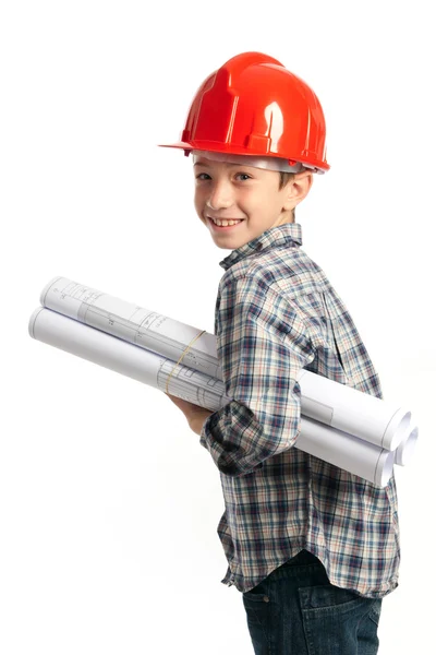 Kind mit rotem Helm und Skizzen — Stockfoto