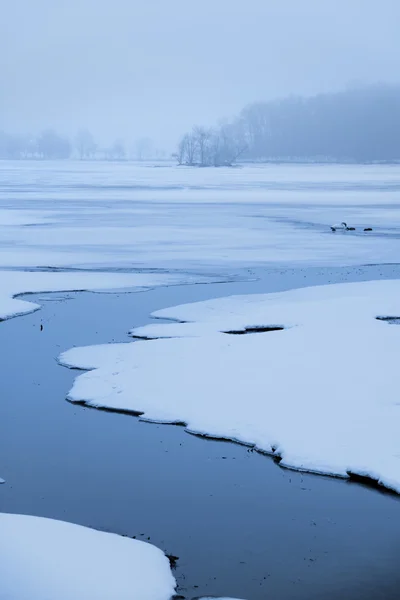 Flusso che scorre attraverso il lago ghiacciato — Foto Stock