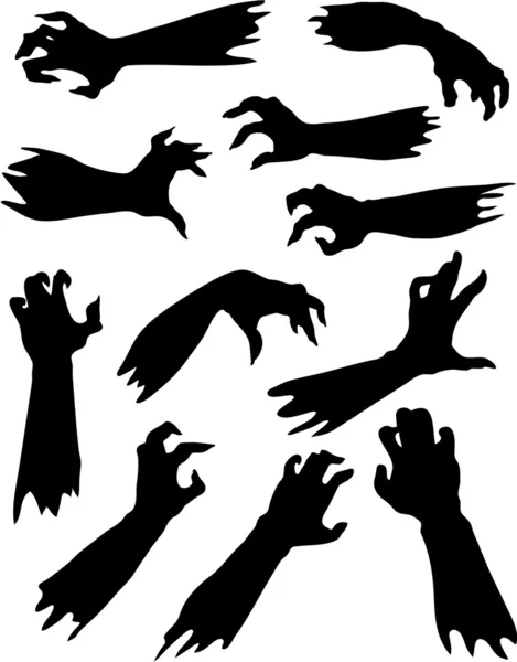Asustadizo zombi manos siluetas conjunto . — Vector de stock