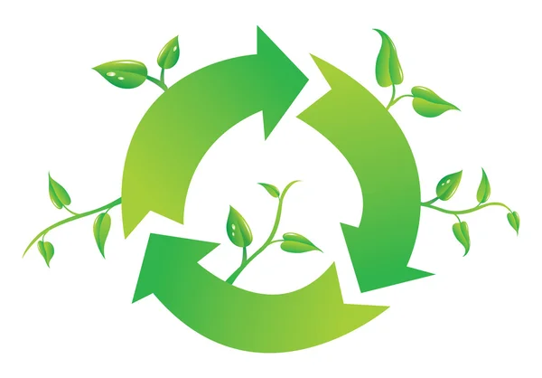 Sinal de reciclagem, ramo e folhas — Fotografia de Stock