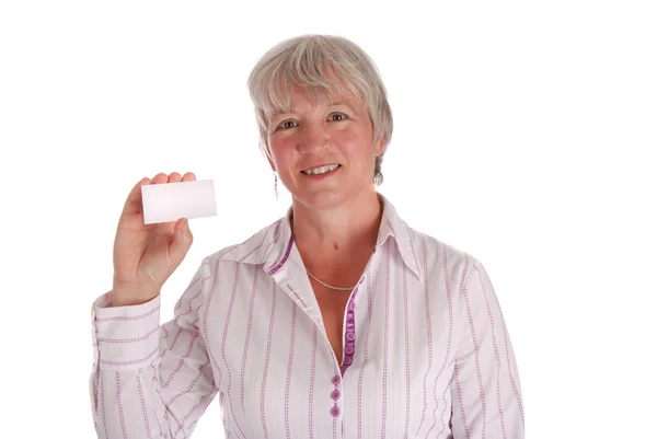 Senior Business Woman Holding Business Card — Stock Photo, Image