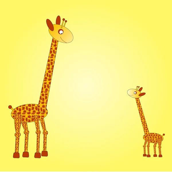 Grande e pequena girafa no fundo amarelo — Vetor de Stock