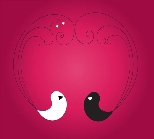 Due uccelli che formano il cuore sullo sfondo viola — Vettoriale Stock
