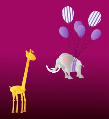 Giraffe andelephant with party balloons on the dark violet background clipart