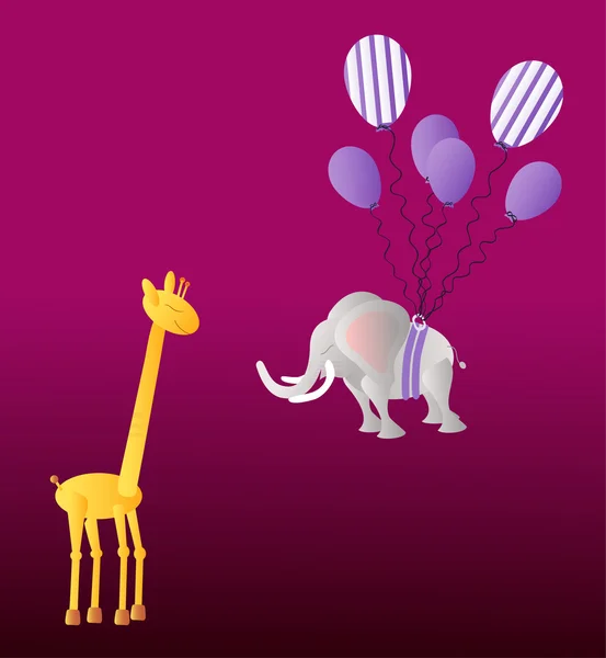Giraffe andelephant met partij ballonnen op de donkere violette achtergrond — Stockvector