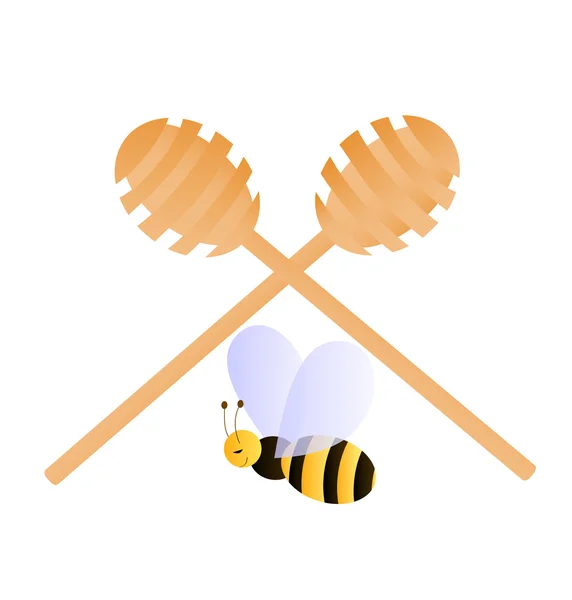Bee ült két keresztezett méz merítőkanál — Stock Vector