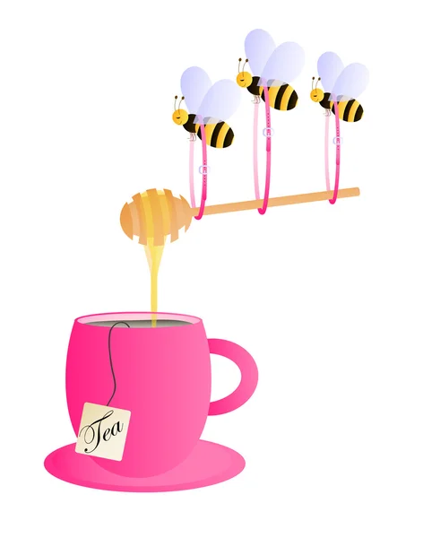 Xícara de chá rosa com abelhas carying mel —  Vetores de Stock