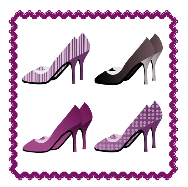Four pairs of shoes framed by violate lace — Stock Vector