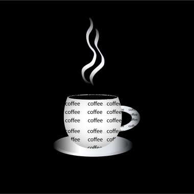 Coffee cup filled with words on the black background clipart