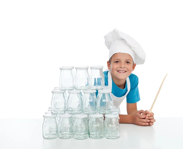 Happy chef with jars for canning — Stock Photo, Image