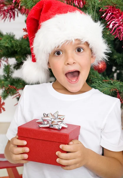Glada förvånade barn med julklapp — Stockfoto