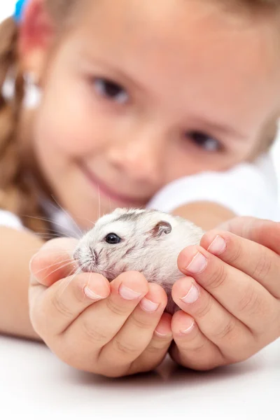 Conheça meu amiguinho - menina e seu hamster — Fotografia de Stock