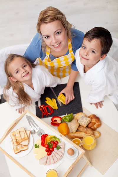 Preparing healthy breakfast together - top view — Stock Photo, Image