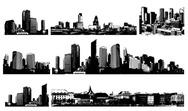 Ciudades panorámicas en blanco y negro. Arte vectorial — Archivo Imágenes Vectoriales